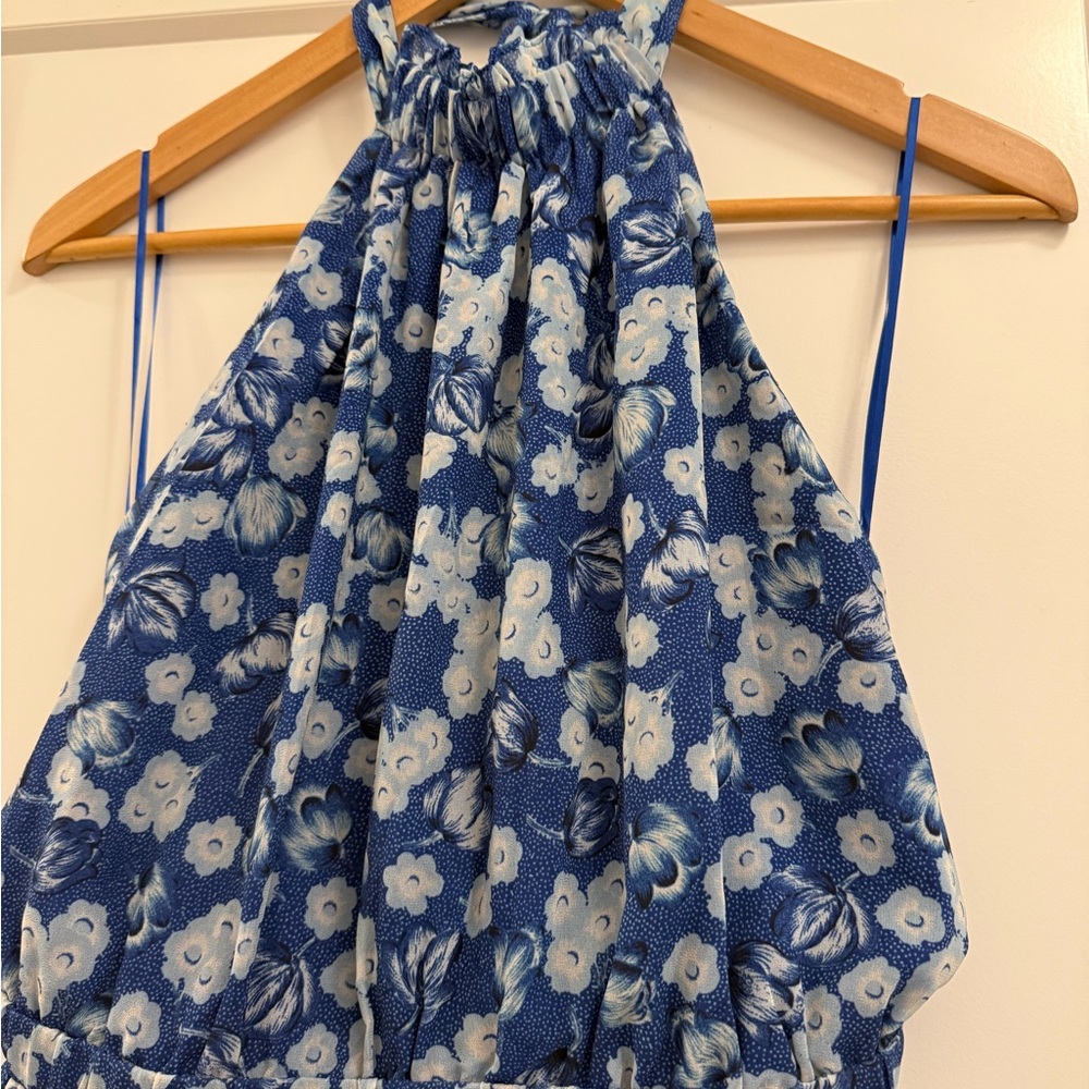 Sold! Chelsea Blue Surf Aster Floral Print Tiered Halter Neck Midi dress - Picture 4 of 8